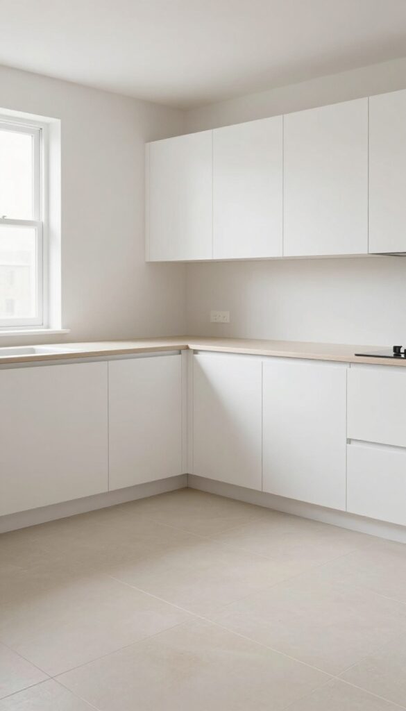 Narrow kitchen with large-format floor tiles laid lengthwise to make the space feel wider