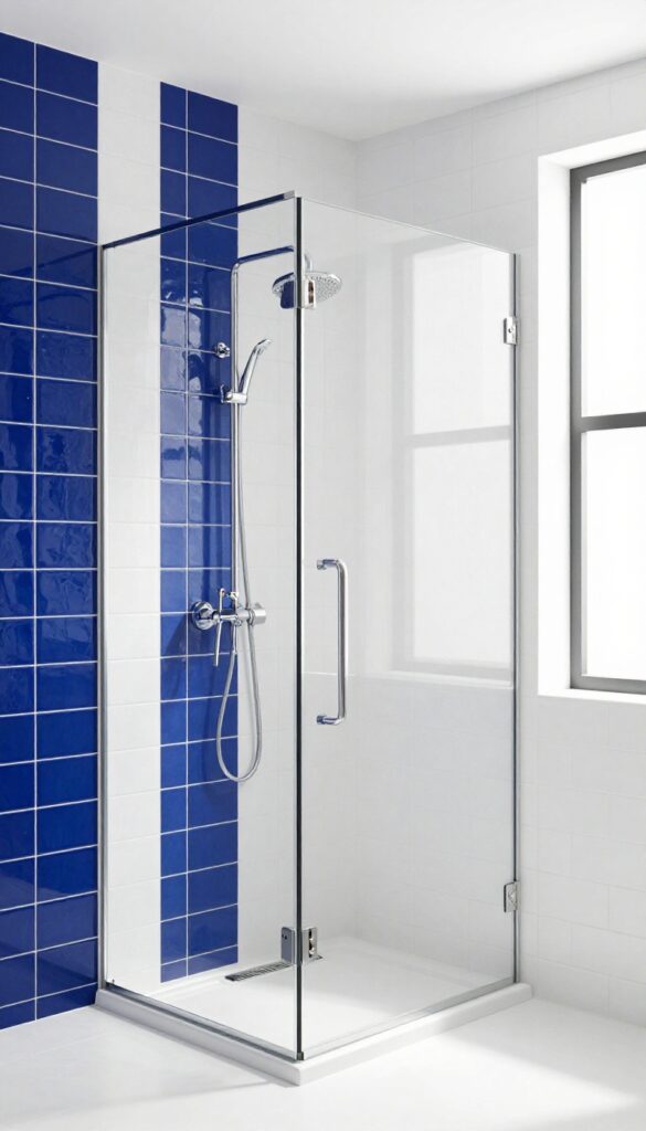 A walk-in shower with a vertical strip of bold blue accent tiles against white walls, showcasing a simple pop of color in a minimalist bathroom design.