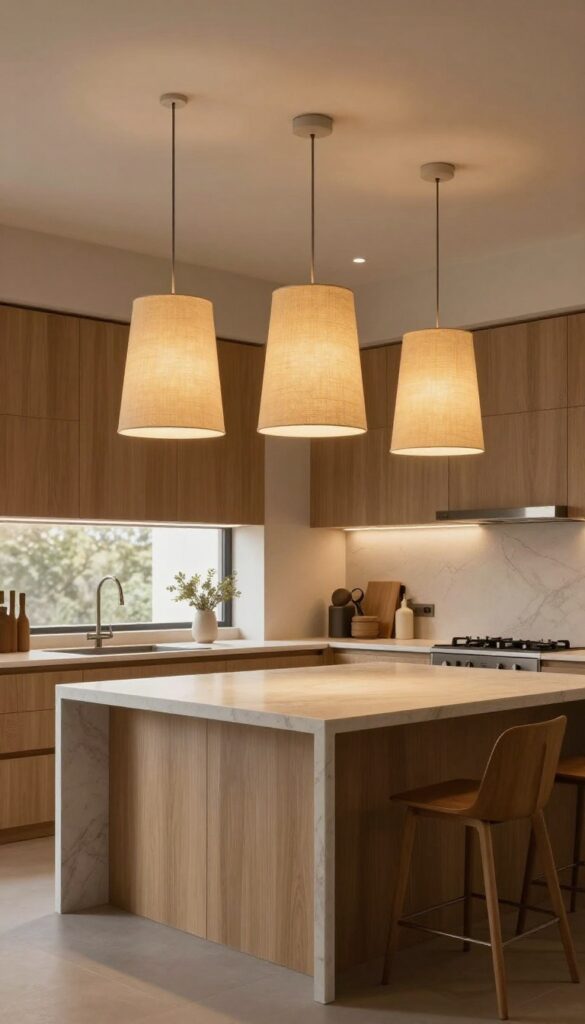 Modern kitchen with layered warm lighting from pendant lights, under-cabinet LEDs, and recessed lights