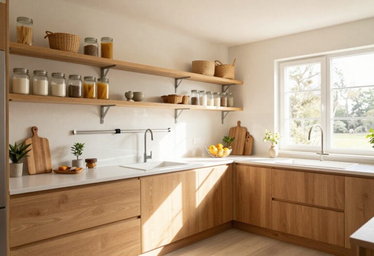 Cozy organized kitchen with open shelves, glass jars, magnetic knife strip, and hanging fruit basket
