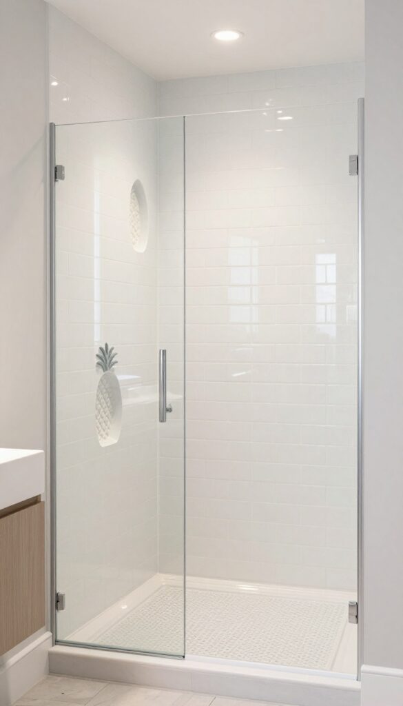 A master shower with floor-to-ceiling tile in bright natural light, featuring large-format subway tile in a stacked vertical layout for a clean and finished look.