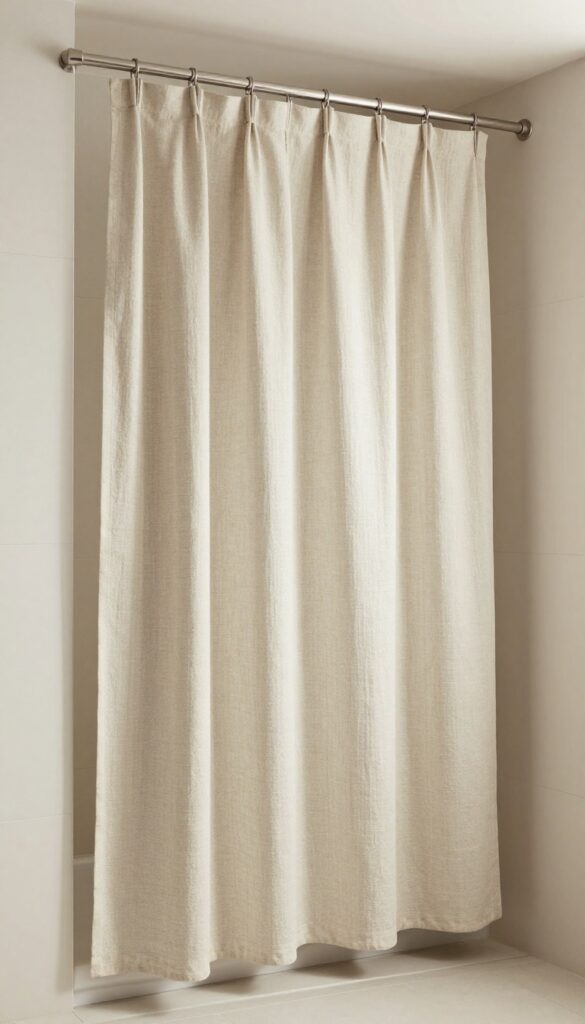 A small walk-in shower with a water-resistant fabric panel as a doorless alternative to curtains, showcasing texture and privacy in a bright, clean bathroom setting.