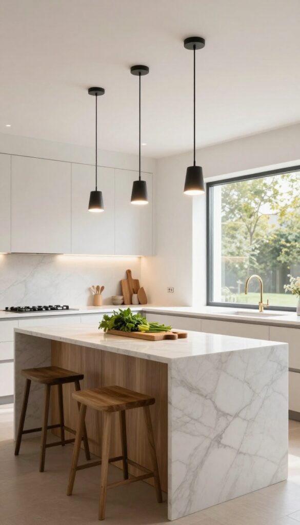 Modern kitchen island with layered lighting: three black pendant lights over the island and recessed ceiling lights providing even illumination.