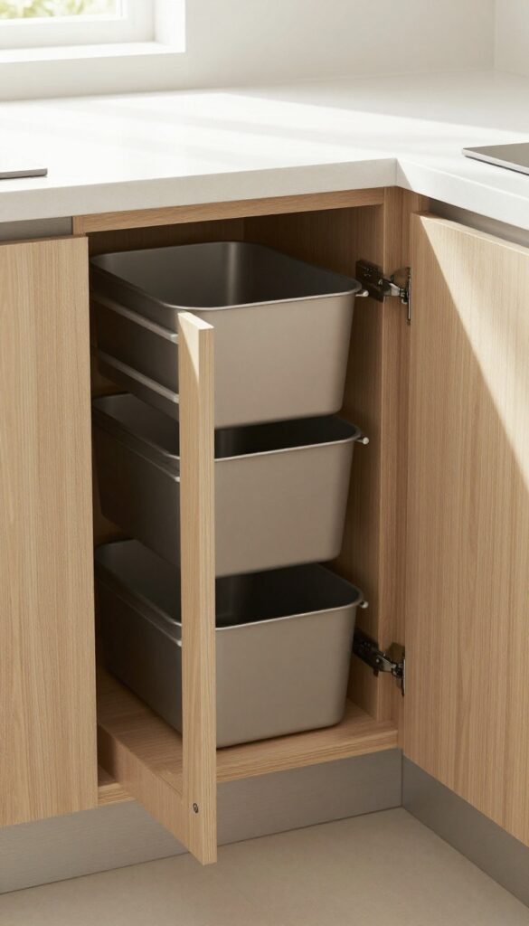 Two-tier pull-out trash and recycling bins inside a kitchen cabinet