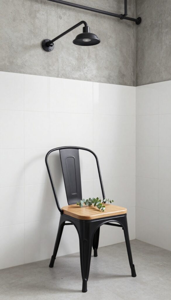 Shower chair with black metal frame and wooden seat in industrial bathroom