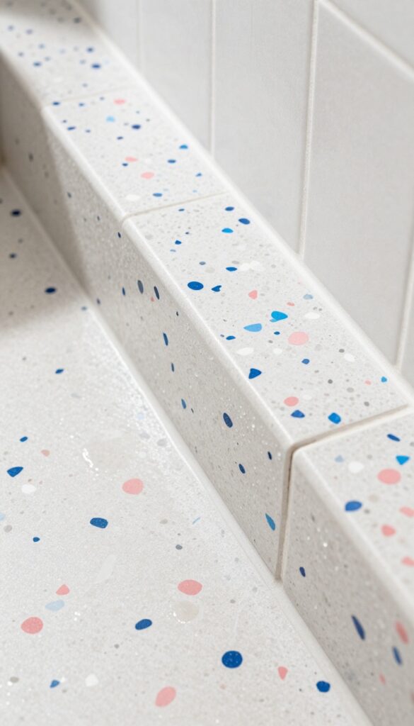 Close-up of terrazzo tiles on a shower curb with colorful speckled patterns in natural light