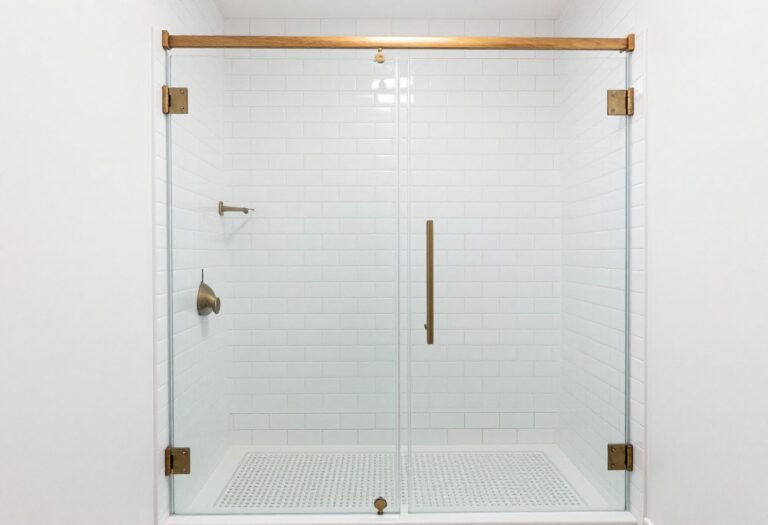 Farmhouse walk-in shower with white subway tile and dark grout in a bright, clean bathroom setting.