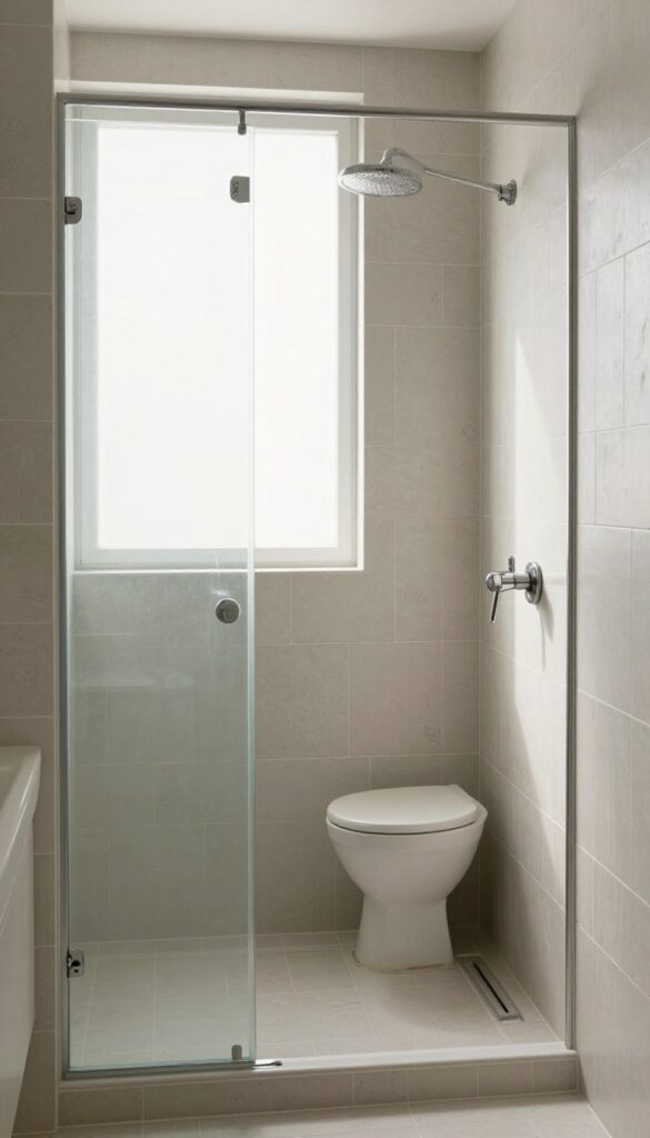 A shower with a built-in seat showcasing mixed ceramic and glass tiles for an eclectic style in a bright, natural-lit bathroom.