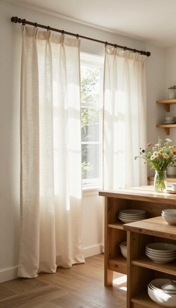 DIY drop cloth curtains above kitchen sink in rustic farmhouse style