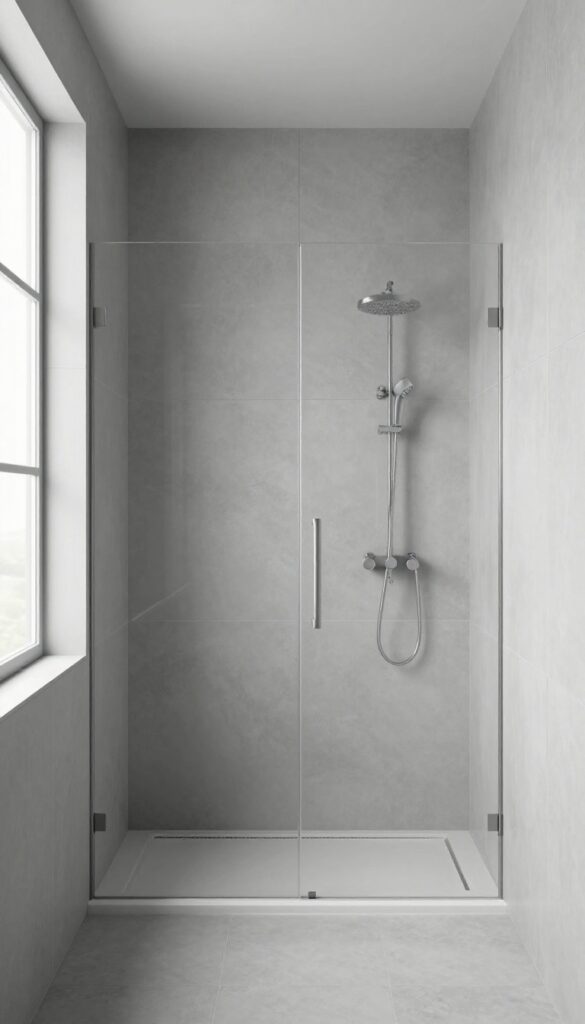 A minimalist bathroom with a monochromatic gray palette, showcasing a seamless tub to shower conversion with glossy and matte tiles, brushed nickel fixtures, and natural lighting for a polished, calming look.