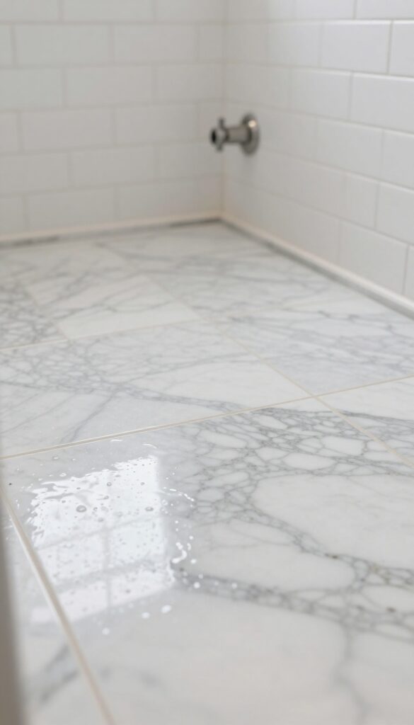 Classic marble mosaic shower floor with white subway tile walls and brushed nickel fixtures.