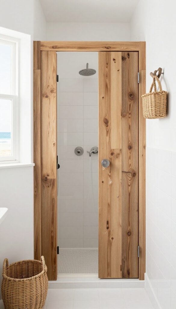 Coastal bathroom shower with wood-look tiles in bright natural light, showcasing rustic texture and beachy decor accents for a warm, cottage-style retreat.
