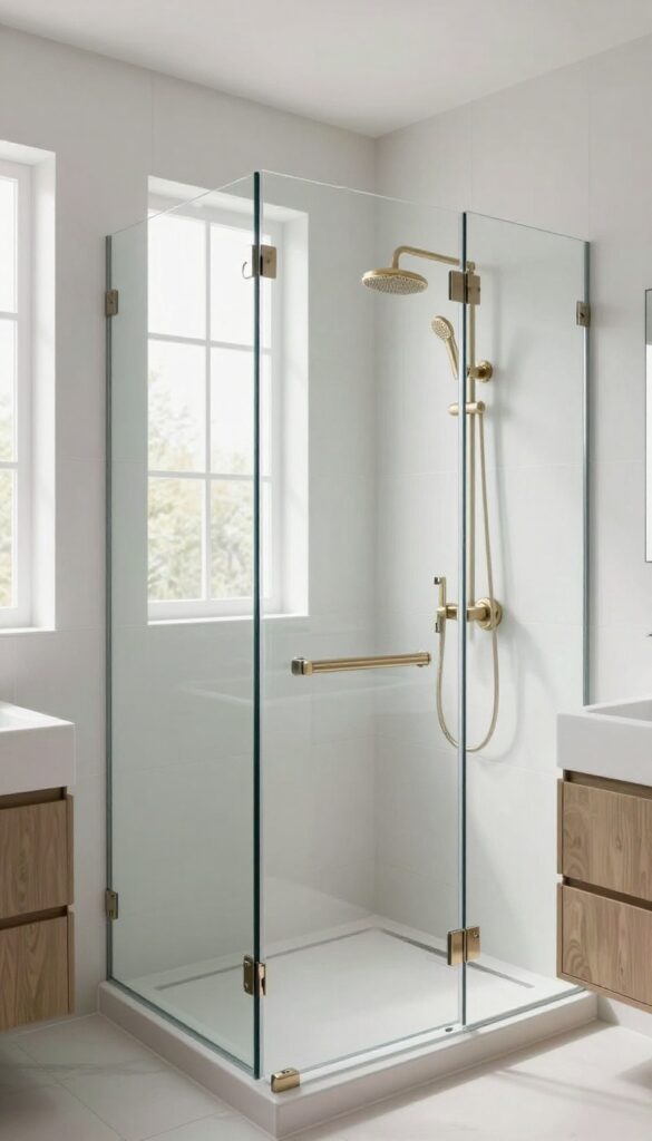 A modern bathroom with a frameless glass shower panel showcasing clean tile work and minimal hardware in bright natural light.