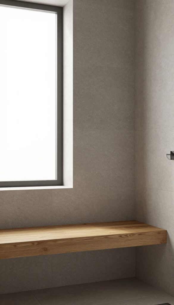 A shower cabin with stone walls and a wooden bench, showcasing mixed material finishes for a rustic-modern bathroom remodel