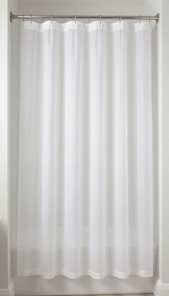 A tall fabric shower curtain layered over a white liner in a bright, clean bathroom, demonstrating a stylish and practical setup for home decor inspiration.