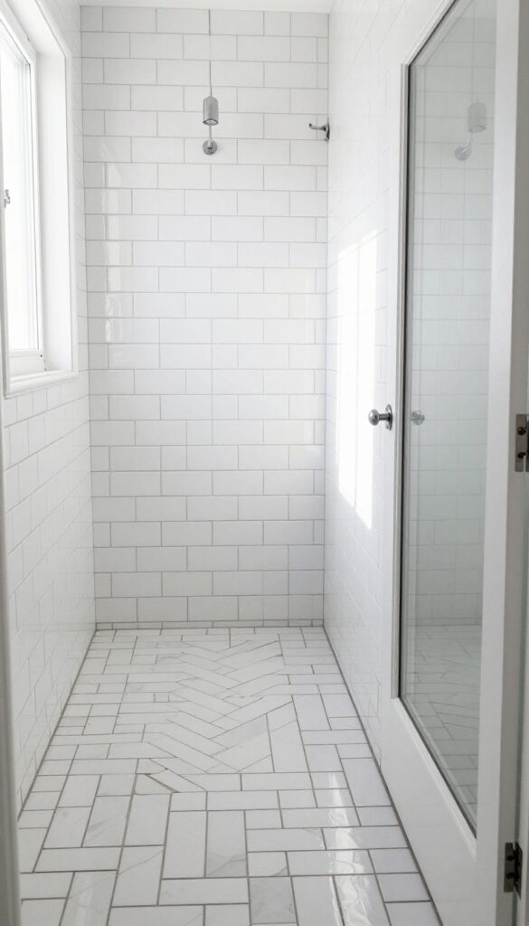 A shower wall featuring white subway tiles in a herringbone pattern with dark gray grout, under bright natural light, showcasing clean design and visual interest.