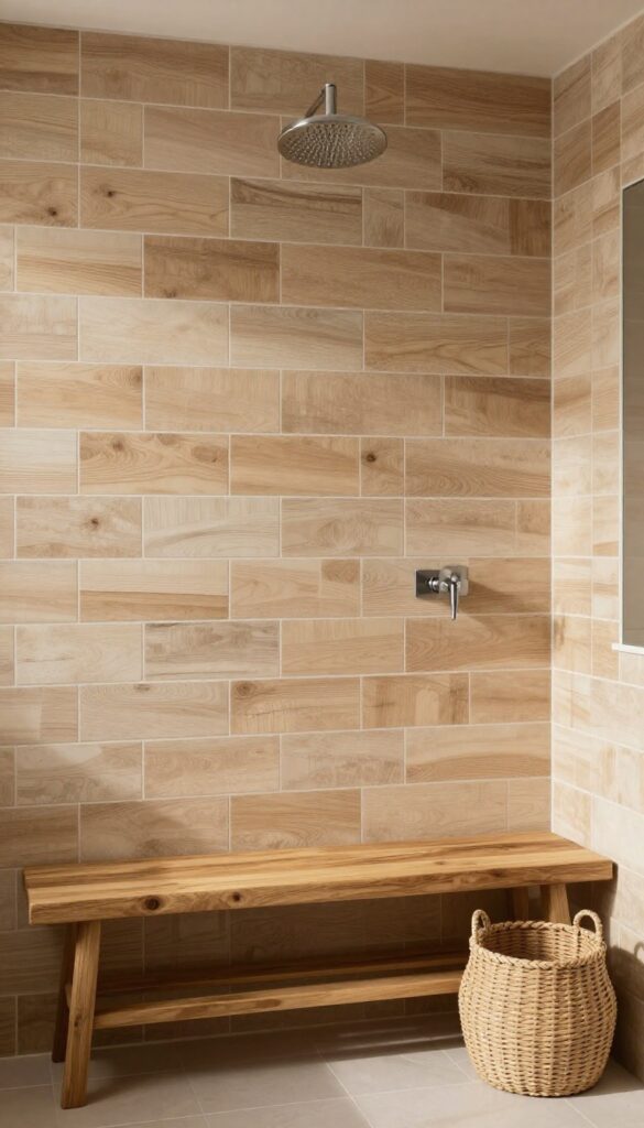 A shower featuring wood-look subway tiles on an accent wall for warmth and texture, with natural elements like a teak bench and woven baskets in bright natural light.