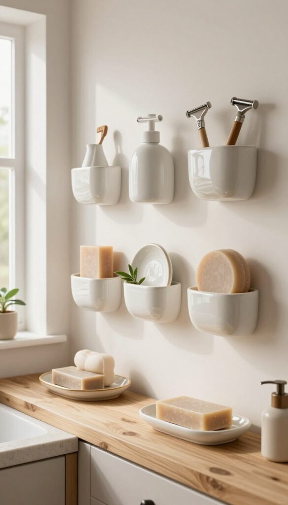 Ceramic wall-mounted dishes in a modern farmhouse bathroom with natural light, holding soap and toiletries on a neutral wall.