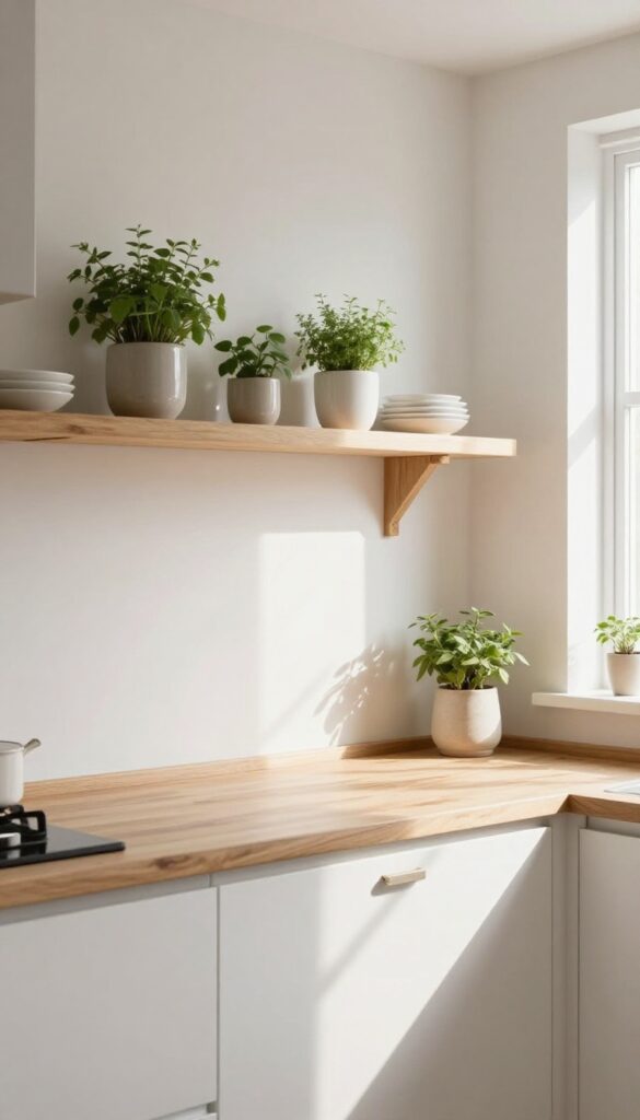 Bright kitchen with warm white walls and natural wood accents