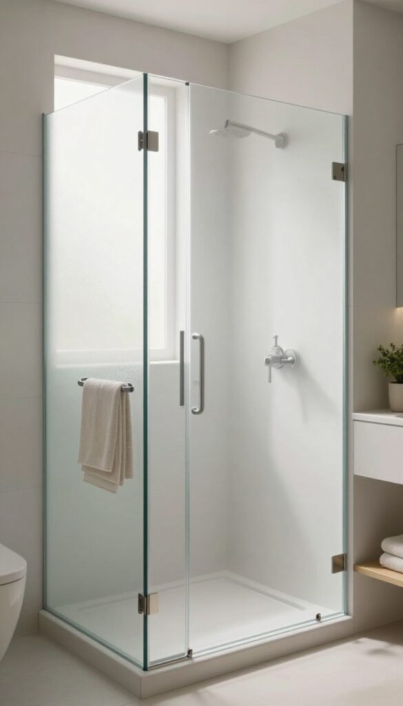 Frosted glass shower door in a small bathroom with natural light, privacy, and modern decor elements like brushed nickel handles and neutral towels.