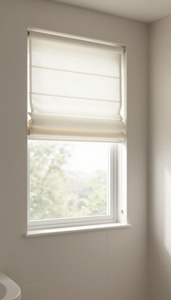 A bathroom with a shower window adorned by waterproof Roman shades in natural light, showcasing a refined and practical upgrade for elegant home decor.