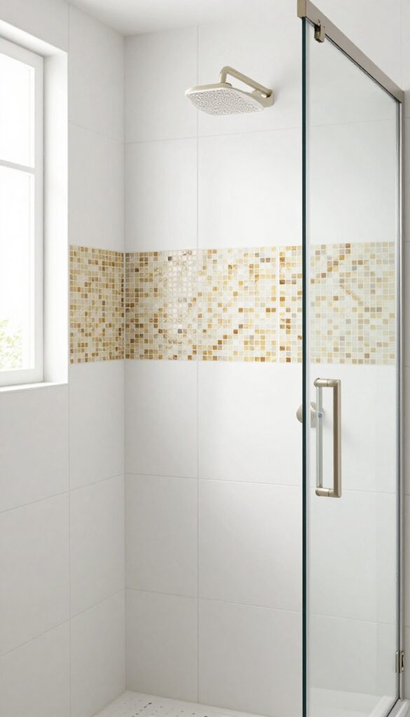 Shower with white tiles and an onyx mosaic accent band