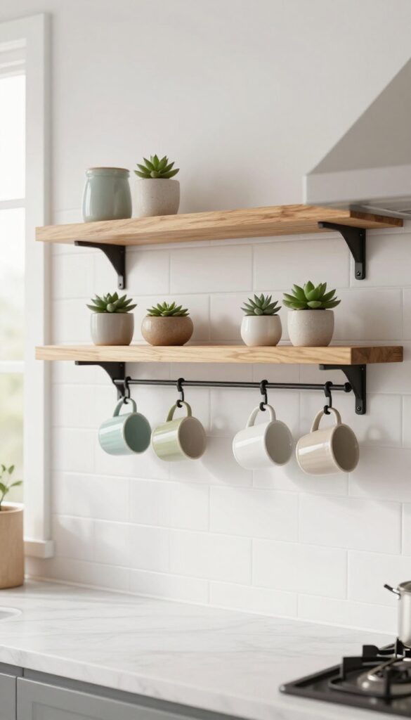 Floating wooden shelves with hanging mug hooks in a bright kitchen