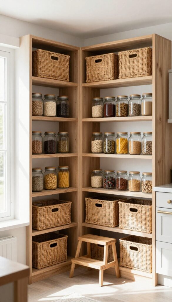 Corner pantry with open shelves, woven baskets, and clear jars in a bright kitchen