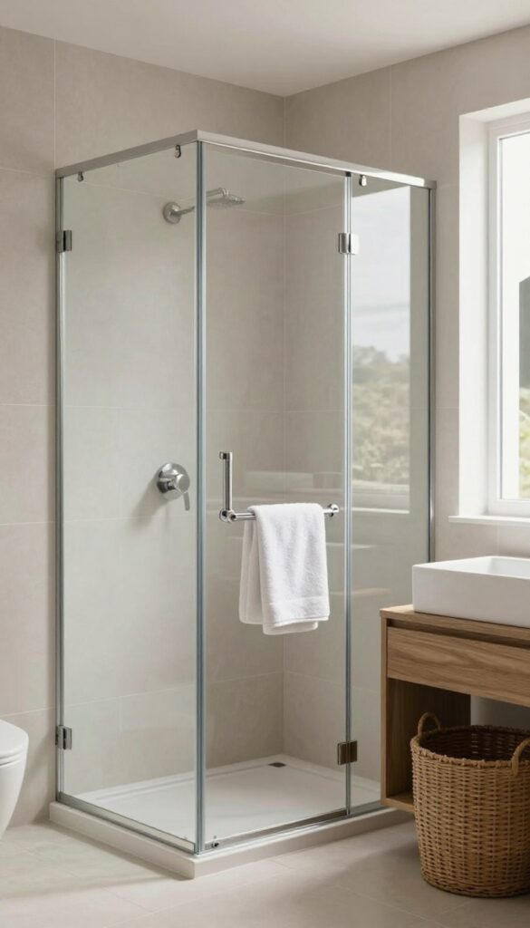 A minimalist frameless glass shower enclosure in a bright, airy bathroom with neutral tiles and warm wood accents.