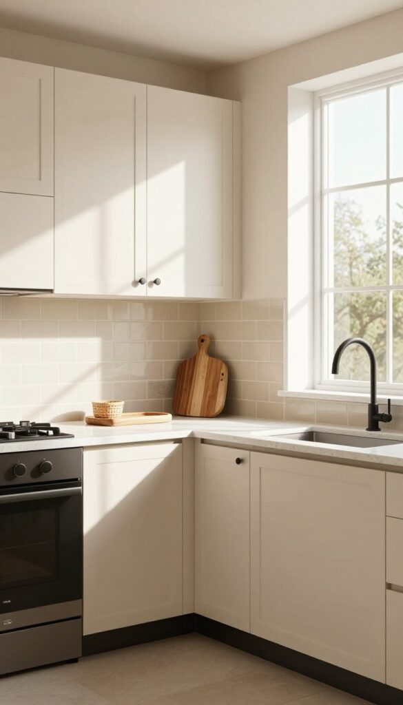 Bright kitchen with layered creamy and sandy beige tones, taupe backsplash, matte black hardware, natural wood accents.