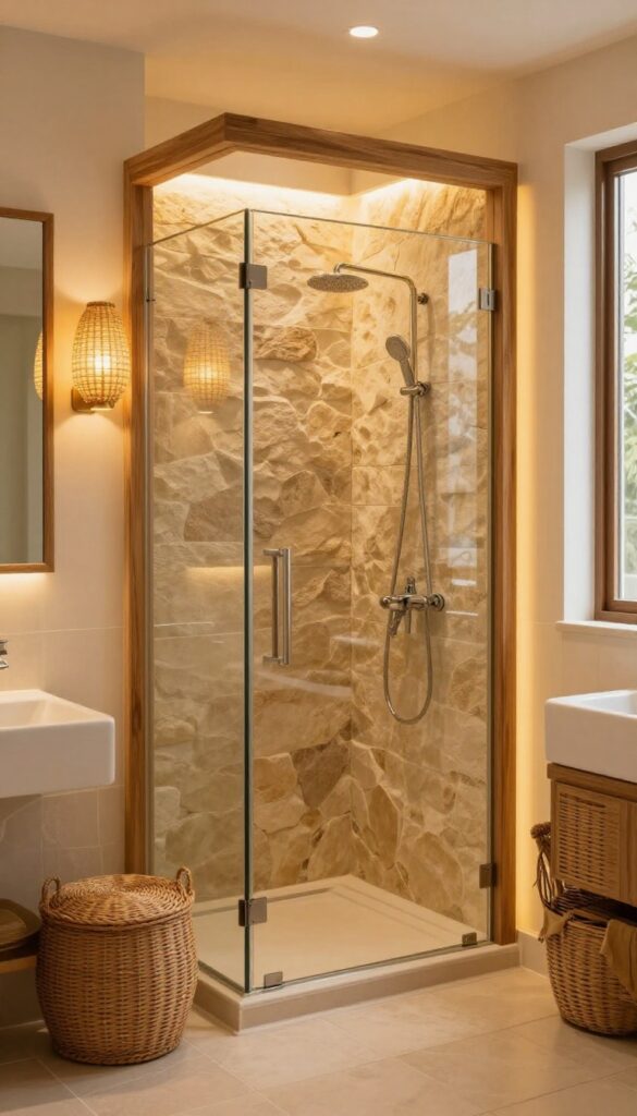 Warm lighting fixtures in a safari-themed bathroom with woven sconces and brass details