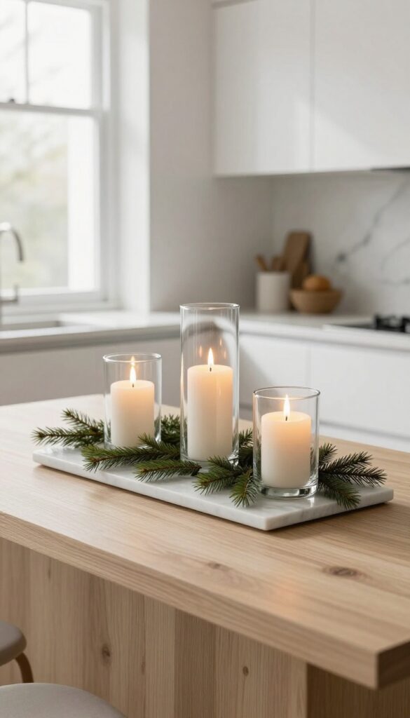 A cluster of glass candle holders with evergreen sprigs on a marble tray on a modern kitchen island.
