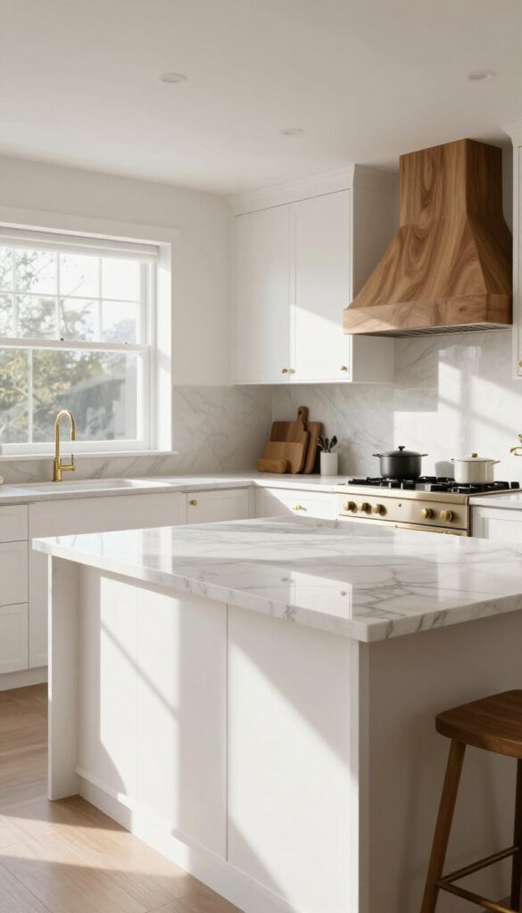 Bright kitchen with bookmatched marble island creating mirror effect, white cabinets, brass hardware, and wood accents