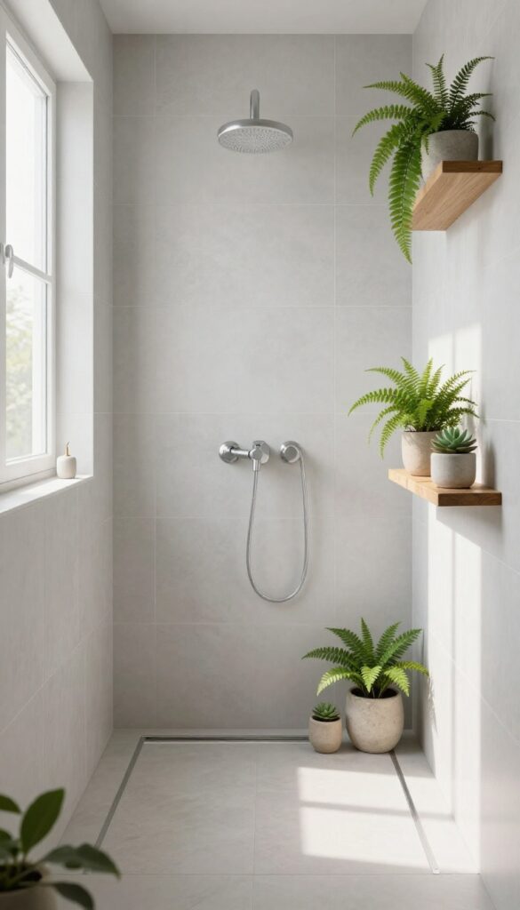 A serene bathroom shower with neutral white and gray tiles, bright natural light, and green plants on wooden shelves for a fresh, spa-like style.