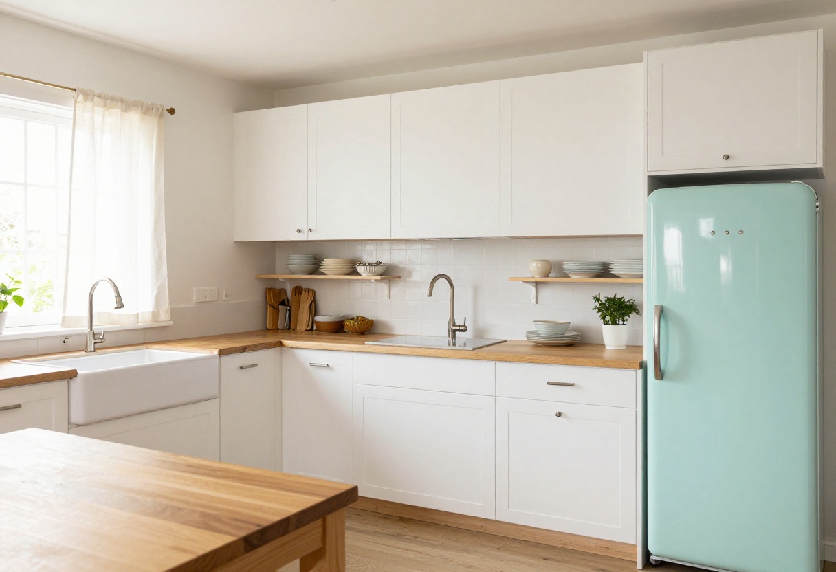 Cozy vintage kitchen with open shelving, farmhouse sink, butcher block countertops, and mint green retro refrigerator
