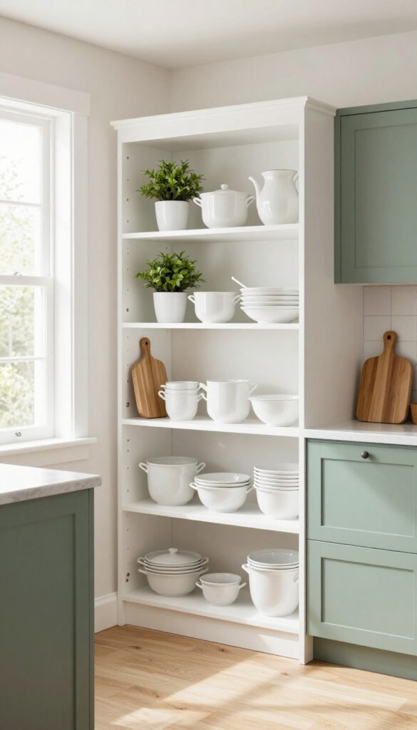 A kitchen with open shelving displaying dishes and plants, and closed sage green cabinets, creating a balanced and tidy look.