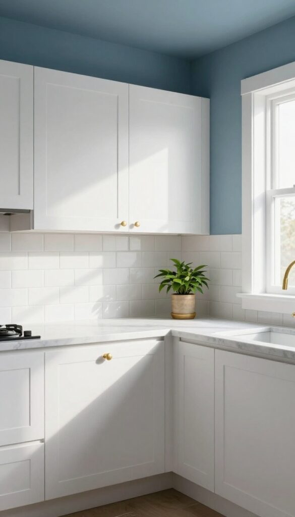 Small kitchen with white cabinets and a dusty blue painted ceiling, brass fixtures, natural light.