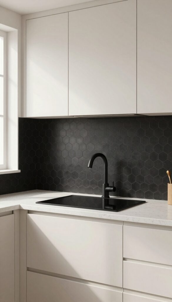 Matte black hexagon tile kitchen splashback with white cabinets and quartz countertop