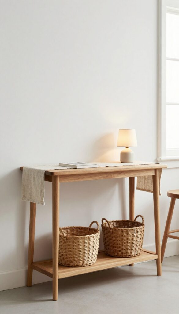 Slim console table with lower shelf storage and two stools in a small kitchen