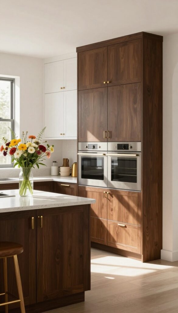 Chocolate brown lower cabinets paired with white upper cabinets in a bright kitchen
