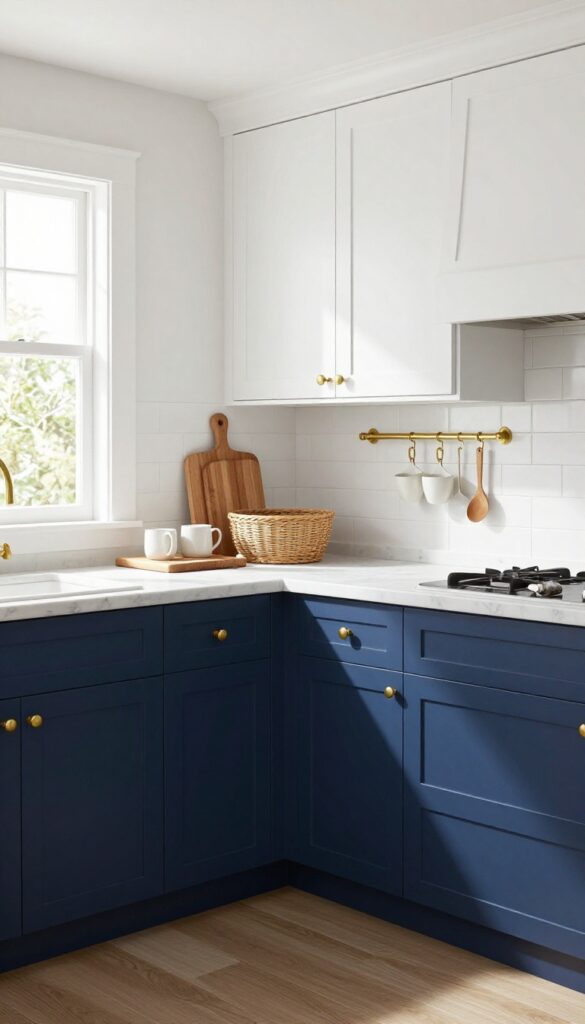 Navy blue kitchen cabinets with brass hardware and marble countertops
