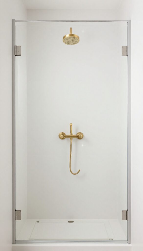 Close-up view of metallic fixtures in a small walk-in shower with no doors, showcasing brass or chrome details against neutral tiles in natural light for a stylish, clutter-free bathroom design.