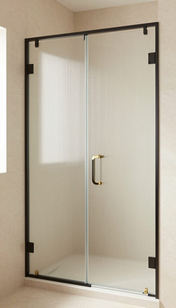 A photorealistic image of a bathroom featuring a fluted glass shower door with vertical ridges, providing texture and soft light in a clean, natural-lit setting with warm neutrals and minimal decor.