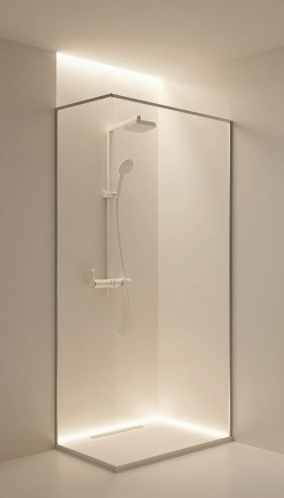 A neo angle shower enhanced with ambient LED lighting, creating a calming and modern retreat in a well-lit bathroom setting.
