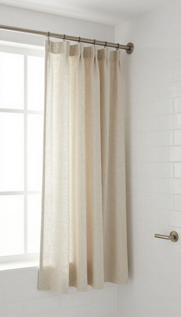 A modern bathroom featuring a floating shower curtain rod for a seamless look, with a textured beige curtain and matching towel bars in brushed nickel finish against white subway tiles.