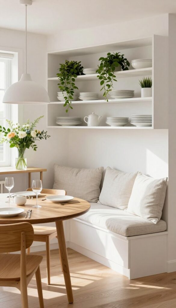 Banquette seating with hidden storage in a bright, airy kitchen nook