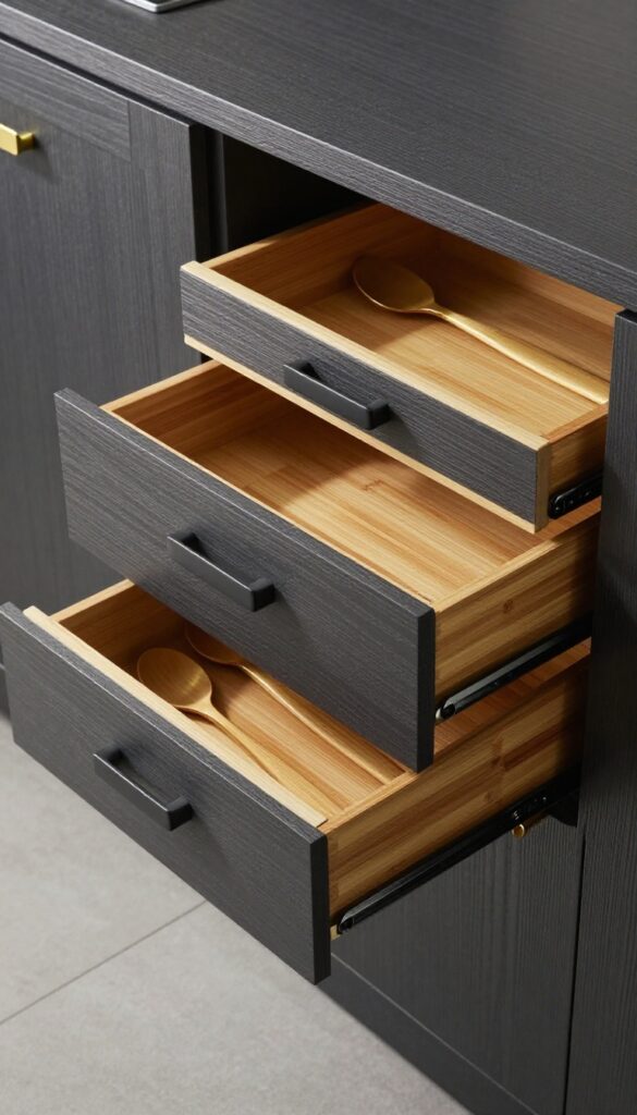 Dark kitchen drawer with black brass hardware and bamboo organizers
