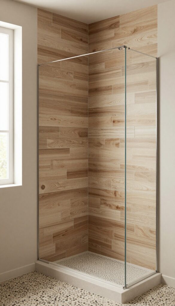 Safari shower with wood-look porcelain flooring mimicking weathered teak, pebble stone insert, and earthy neutral walls.