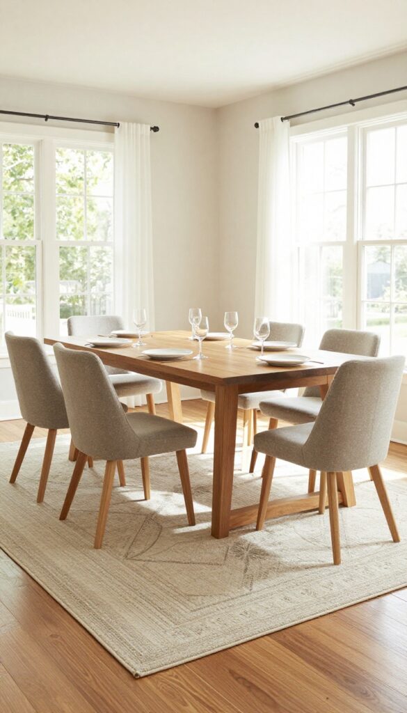 Cozy rug under dining table in bright open-concept home