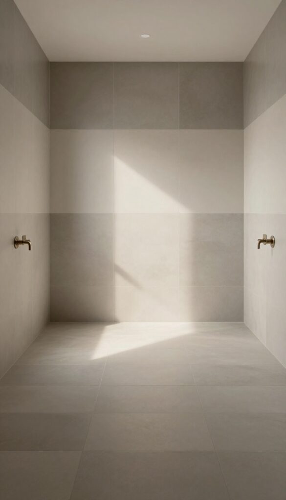 A shower with a monochromatic gradient tile design from dark to light shades, showcasing a cohesive and expansive look in a bright, clean bathroom.